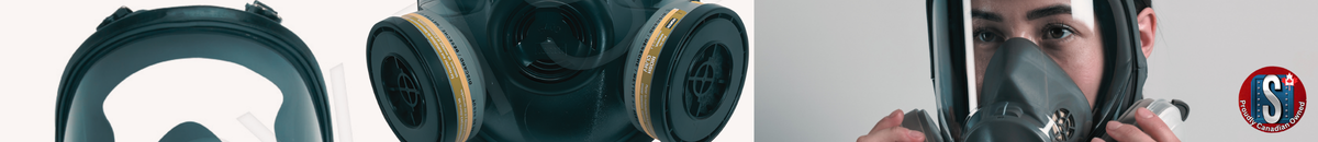 North Safety full-face and half-mask respirators with purple and yellow P100 filters, representing Skookum Tools' North respirator selection for reliable industrial protection and clean-air safety.